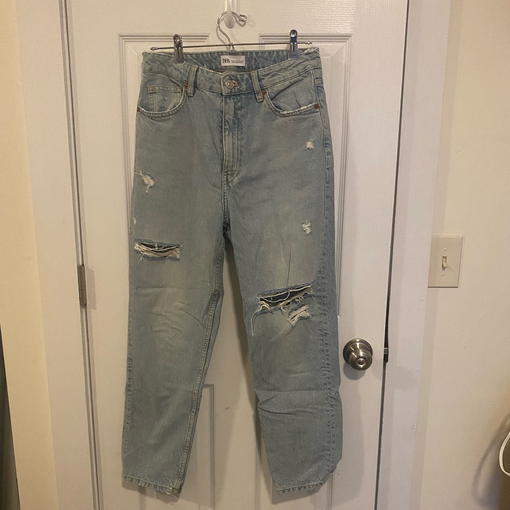 Zara Light Blue Ripped High Rise Jeans